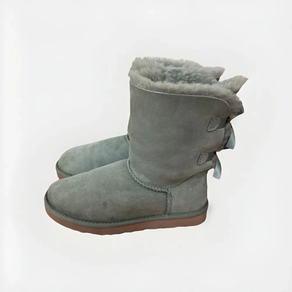Womens Ugg Boots Sz 8 Bailey Bow Sage Light Green Suede Coquette Has Normal Wear - Picture 6 of 13